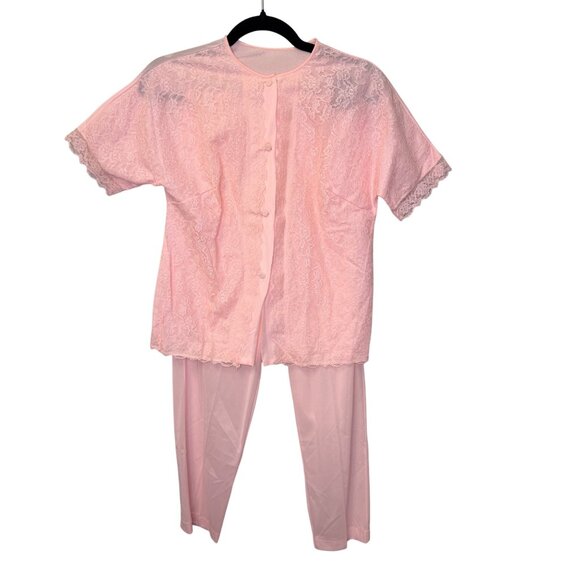 VTG Pink Lace Pajama Set Womens Size 32 Nylon 2-Piece Sleepwear Short Sleeve - Picture 1 of 13